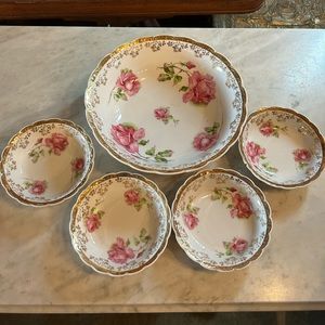 Large Victorian serving bowl gold trim, roses, dessert, berry set, cottage, pink